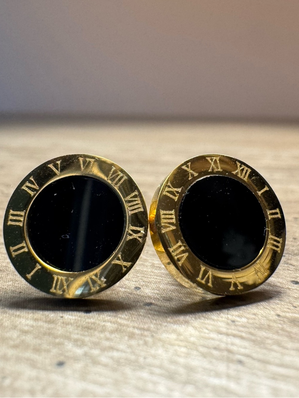 Gold Tone Round Roman Numeral Black Studs